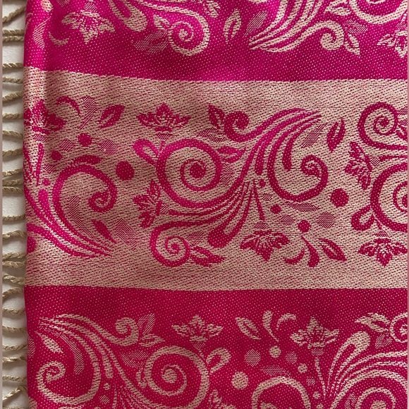 Pashmina Cashmere Scarf Wrap Rich Pink, Cream, Sage w/ Tassels Excellent Vintage - Picture 9 of 14